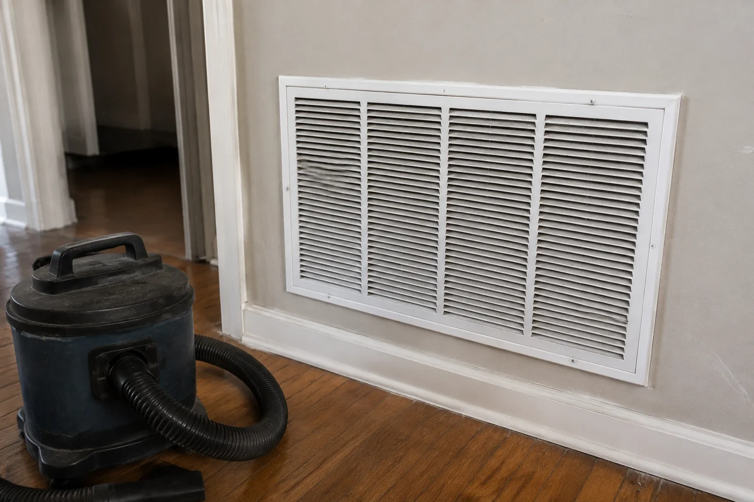 Wall return grille beside a compact utility vacuum with its hose resting on the floor.